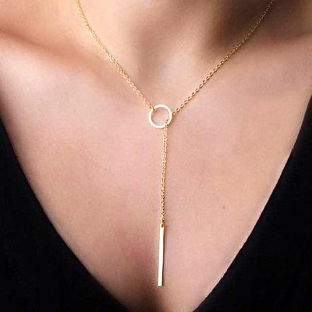 Plated Metal Chain Bar Circle Lariat Long Strip  Necklace