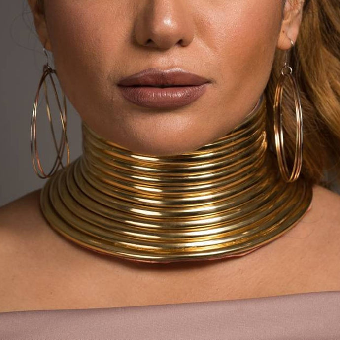 African Jewelry Gold Color Leather Maxi Big Collar Necklace